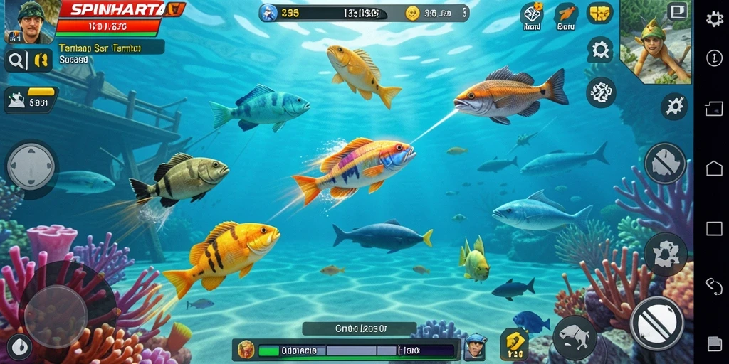 Tangkapan layar utama SPINHARTA menampilkan aksi seru dalam gameplay Tembak Ikan.